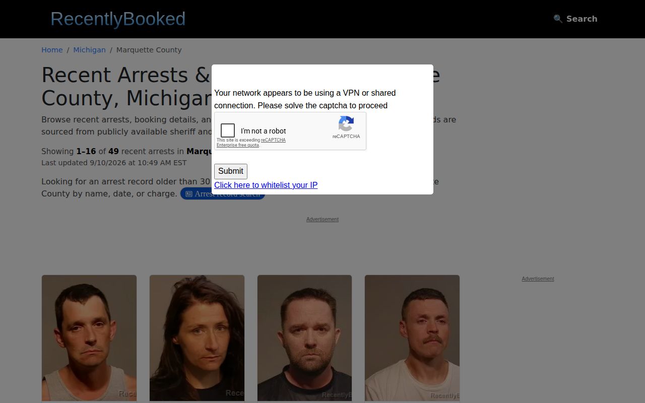 RecentlyBooked Marquette County secondary arrest index webpage