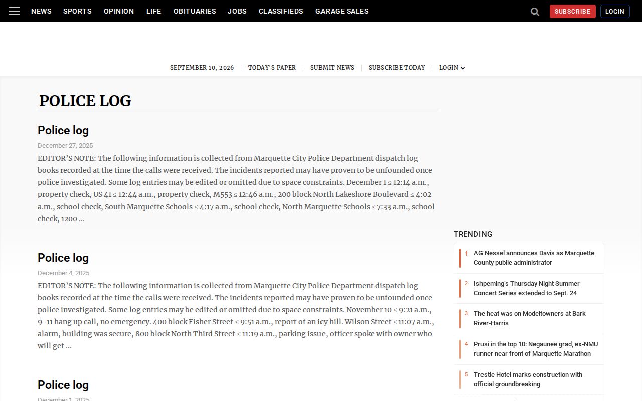 Mining Journal Police Log page covering Marquette police dispatch activity