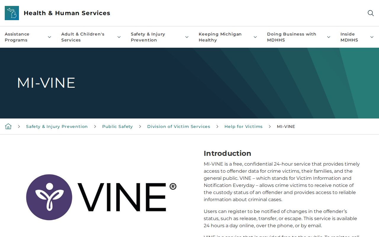 Michigan MI-VINE official information page describing custody notifications