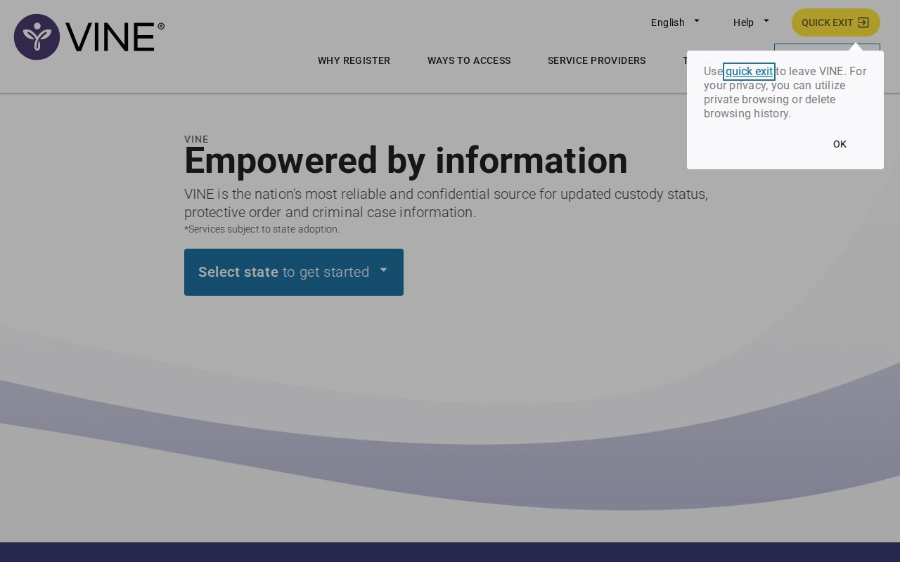 VINELink website entry screen used to select Michigan and begin a custody search