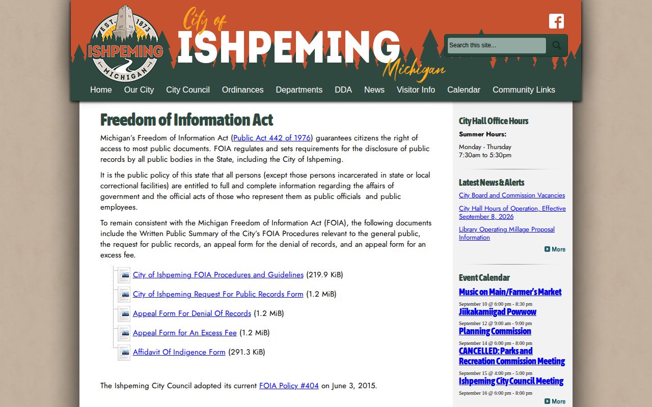 Official City of Ishpeming Freedom of Information Act request page