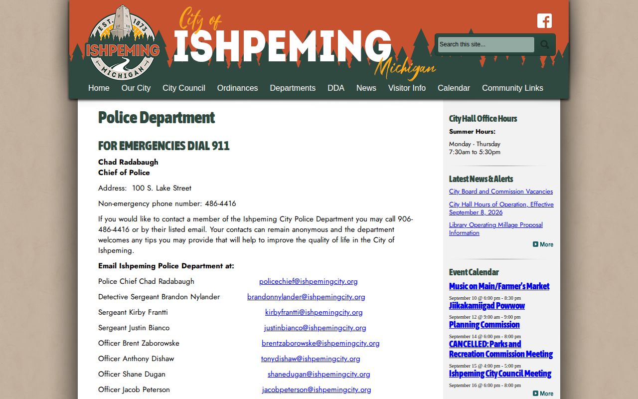 Official Ishpeming Police Department webpage and contact information