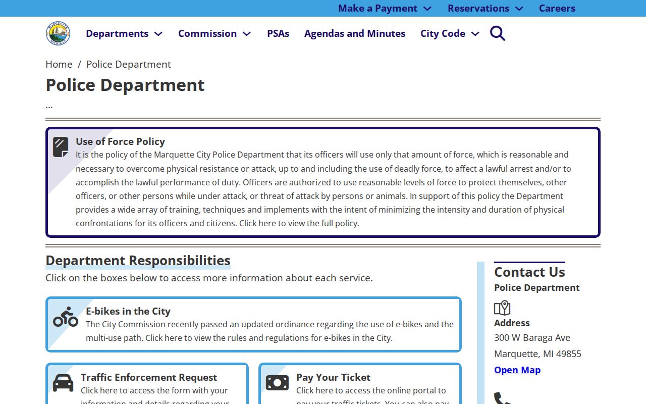 Official Marquette Police Department webpage with department contact information