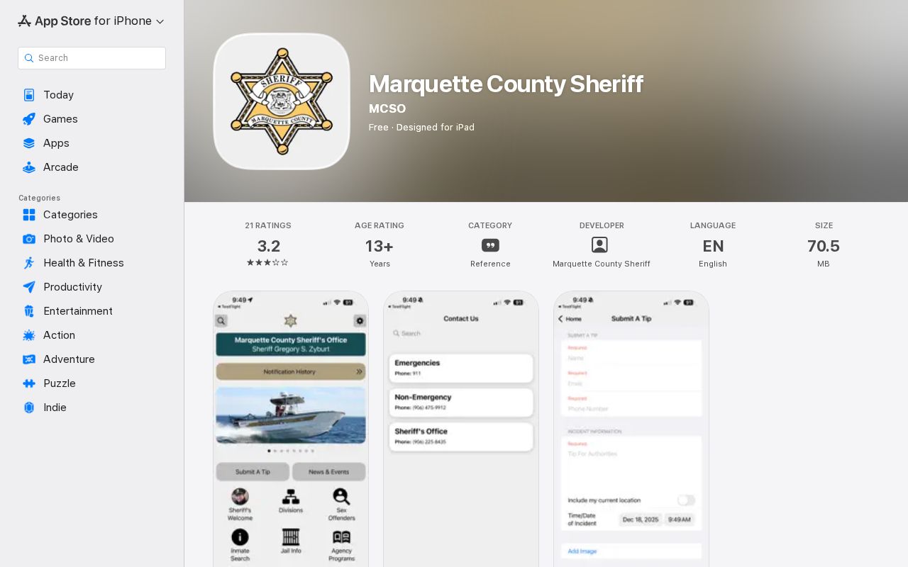 Marquette County Sheriff mobile app listing